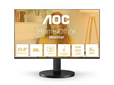 23.8" AOC 24B3CF2, IPS 1920x1080, 1 ms, 100Hz, höjdjusterbar, HDR, HDMI/DP/USB-C 65W, högtalare, USB 3.2-hubb