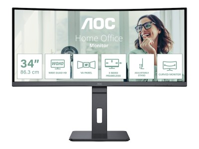 34" AOC CU34P3CV, Curved VA 3440x1440, 4 ms, 100Hz, 1500R, höjdjusterbar, HDMI/DP/USB-C 65W, LAN, högtalare, USB 3.2-hubb