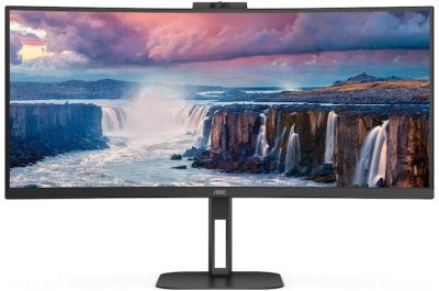 34" AOC CU34V5CW, Curved VA 3440x1440, 1 ms, 100Hz FreeSync, 1500R, höjdjusterbar, HDMI/DP/USB-C 65W, högtalare, USB 3.2-hubb, webbkamera