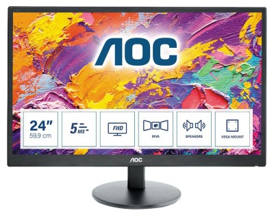 23.8" AOC M2470SWH, VA 1920x1080, 4 ms, 75Hz, VGA/2xHDMI, högtalare