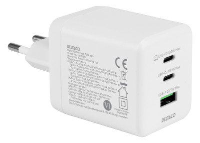 AC-adapter Deltaco USB GaN Wall Charger 100W, 2xUSB-C / 1xUSB-A#2