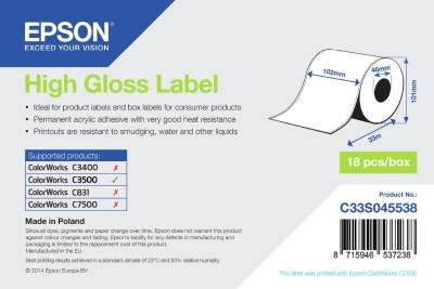 Epson High Gloss Label, etiketter 102mm bredd x 33m rulle