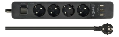 Delock Grenuttag Surge Protection, 3x USB-A, 4 kontakter, 1,5m Black
