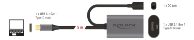 Förlängningskabel DeLOCK, Aktiv USB-C ha till USB-C ho, USB 3.1 Gen.1, 5 meter - Svart#2