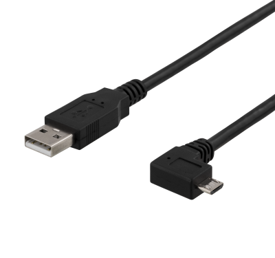 USB 2.0-kabel A ha till Micro B ha, 2 meter, svart, vänstervinklad