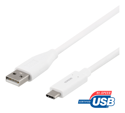 USB-C 2.0-kabel Typ C ha till A ha, 0,5 meter, Deltaco - Vit