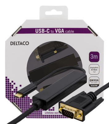 Deltaco USB-C - VGA, QWXGA 2048x1152 60Hz, 3m, DP 1.2 Alt Mode, svart