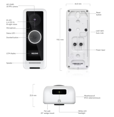 Ubiquiti Networks UniFi Protect G4 Doorbell, 1600x1200@30fps, tvåvägsljud, IR 6 meter, WiFi 5#6