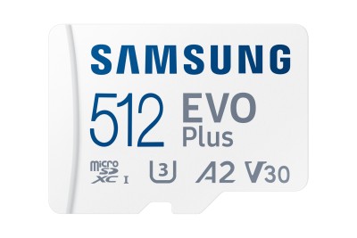 Micro Secure Digital SDXC 512 GB Samsung EVO Plus, 160/160 MB/sek, Class 10, UHS-I V30, U3, A2, inkl. SD-adapter