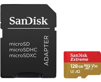 Micro Secure Digital SDXC 128 GB Sandisk Extreme, 190/90 MB/sek, Class 10, UHS-I V30, U3, A2, inkl. SD-adapter