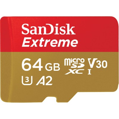 Micro Secure Digital SDXC 64 GB Sandisk Extreme, 170/80 MB/sek, Class 10, UHS-I V30, U3, A2, inkl. SD-adapter