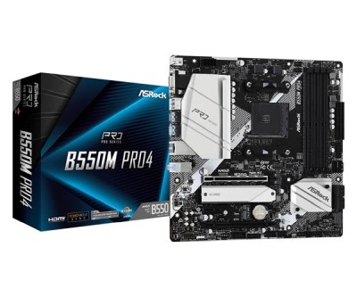 ASRock B550M Pro4, AMD Socket AM4, B550, MicroATX, 4xDDR4, 2xPCI Express, 2xM.2 + SATA3 RAID, VGA/HDMI/DP, USB-C, 7.1 audio, GigaLAN