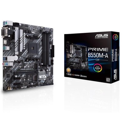 Asus PRIME B550M-A/CSM, AMD Socket AM4, B550, MicroATX, 4xDDR4, PCI Express, 2xM.2 + SATA3 RAID, VGA/DVI/HDMI, 7.1-ljud, USB 3.2, GigaLAN, Aura Sync RGB