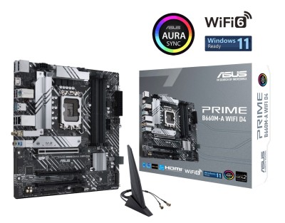 Asus PRIME B660M-A WIFI D4, Intel LGA1700, PCI Express, MicroATX, 4xDDR4, 2xM.2 + SATA3, 2xHDMI/DP, USB-C (front), GigaLAN, WiFi 6, Bluetooth, Aura Sync RGB#1