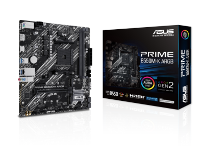 Asus PRIME B550M-K ARGB, AMD Socket AM4, B550, MicroATX, 2xDDR4, PCI Express, 2xM.2 + SATA3 RAID, HDMI/DP, USB 3.2, GigaLAN, Aura Sync