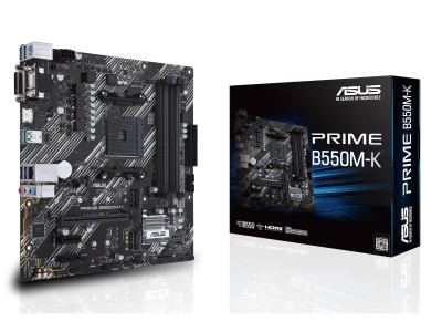 Asus PRIME B550M-K, AMD Socket AM4, B550, MicroATX, 4xDDR4, PCI Express, 2xM.2 + SATA3 RAID, VGA/DVI/HDMI, 7.1-ljud, USB 3.2 Gen.2, GigaLAN