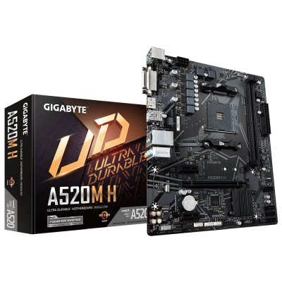 Gigabyte A520M H, AMD Socket AM4, A520, MicroATX, 2xDDR4, PCI Express, M.2 + SATA3 RAID, DVI/HDMI, 7.1-ljud, USB 3.2, GigaLAN, RGB Fusion 2.0