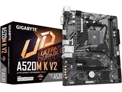 Gigabyte A520M K V2, AMD Socket AM4, MicroATX, 2xDDR4, PCI Express, M.2 + SATA3 RAID, VGA/HDMI, USB 3.2, GigaLAN