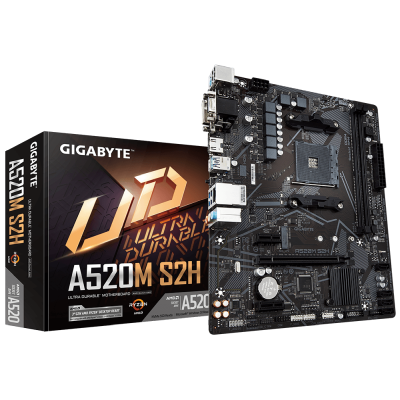 Gigabyte A520M S2H, AMD Socket AM4, A520, MicroATX, 2xDDR4, PCI Express, M.2 + SATA3 RAID, VGA/DVI/HDMI, 7.1-ljud, USB 3.2, GigaLAN, RGB Fusion 2.0