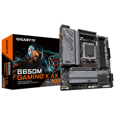 Gigabyte B650M GAMING X AX, AMD AM5, MicroATX, PCI Express, CrossFire, 4xDDR5, 2xM.2 + SATA3 RAID, HDMI/2xDP, USB-C, 2.5GbE LAN, WiFi 6E, Bluetooth 5.3, RGB Fusion