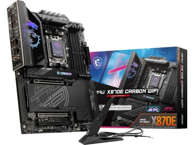 MSI MPG X870E Carbon WiFi, AMD Socket AM5, ATX, 4xDDR5, 3xPCI Express, 4xM.2 + SATA3 RAID, HDMI/2xUSB4, 5GbE+2.5GbE LAN, WiFi 7, Bluetooth 5.4, Mystic Light RGB Lighting