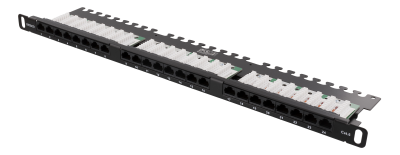 19" Patchpanel Deltaco, 24xRJ45, Cat6, UTP, 0,5U, LSA, kabelstöd - Svart