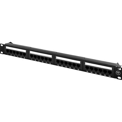 19" Patchpanel 24xRJ45, Cat 6, 1U, kroneplintar, kabelstöd, svart