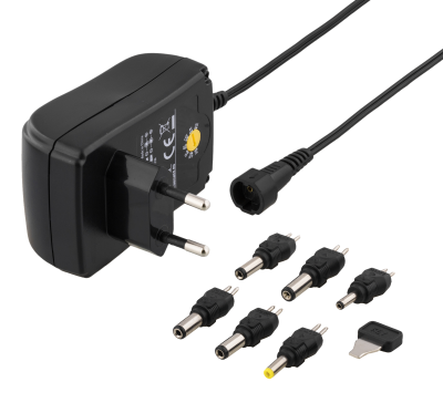 Universal AC-adapter 100-240V till 3-12V DC 18W/1,5A, Deltaco, 6 st utbytbara kontakter