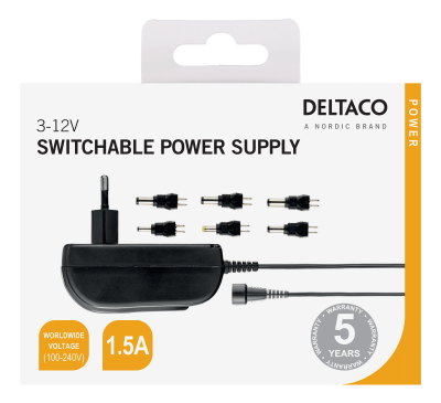 Universal AC-adapter 100-240V till 3-12V DC 18W/1,5A, Deltaco, 6 st utbytbara kontakter#4