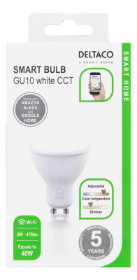 Deltaco Smart Home SH-LGU10W LED-lampa GU10, WiFi, 5W, 2700K-6500K, dimbar - Vit#2