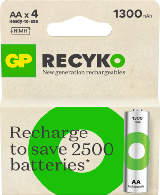 Laddningsbart batteri GP ReCyko 1300 mAh AA/R06, 4-pack