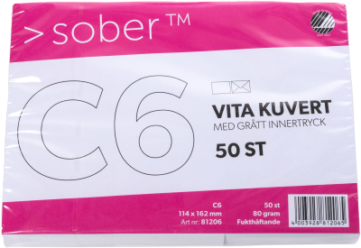 Kuvert Mayer Sober C6 Vit, fukthäftande förslutning, 50-pack