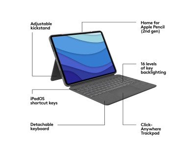 Logitech Combo Touch till iPad 12.9" (5/6:e generation), bakgrundsbelyst, nordiskt - Grå#6