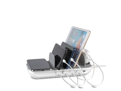 4smarts Family 63W Trådlös Laddningsstation 1x QI (15W), 4x USB-A (12W per, 30W max) 1x USB-C PD (18W), 5 st. laddkablar in