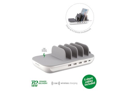 4smarts Family 63W Trådlös Laddningsstation 1x QI (15W), 4x USB-A (12W per, 30W max) 1x USB-C PD (18W), 5 st. laddkablar in#3