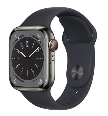 Apple Watch Series 8 GPS + Cellular, 41mm Grafit Rostfri stålboett med Midnatt Sportband