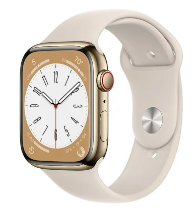 Apple Watch Series 8 GPS + Cellular, 45mm Guld Rostfri stålboett med Stjärnglans Sportband