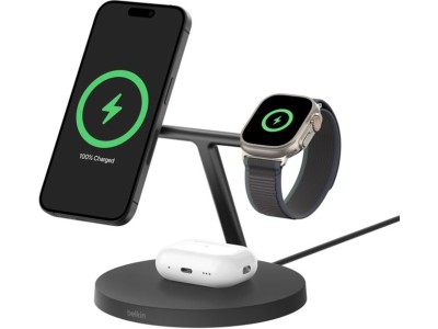Trådlös Qi2-laddare Belkin BoostCharge Pro 3-in-1, MagSafe, inkl. 40W USB-C strömadapter - Svart