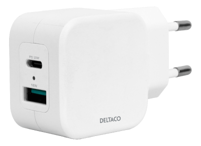 Väggladdare Deltaco 230V till 1xUSB-A 18W, 1xUSB-C PD 20W - Vit