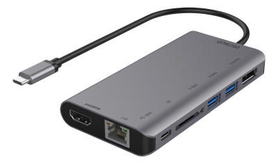 Dockningsstation Deltaco, USB-C till HDMI/DP/2xUSB 3.0/GigaLAN USB-C PD 3.0 100W, kortläsare SD - Rymdgrå