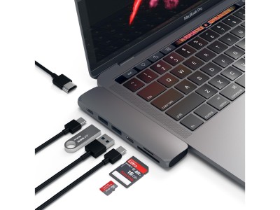 Multi-adapter Satechi Type-C PRO Hub, HDMI 4K/2xUSB 3.0/USB-C 85W/Thunderbolt 3, kortläsare - Rymdgrå