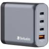 AC-adapter Verbatim GaN Charger 140W, 3xUSB-C / 1xUSB-A, inkl. reseadapter EU/UK/US